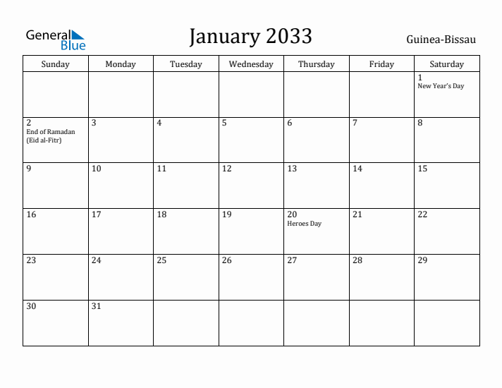 January 2033 Calendar Guinea-Bissau