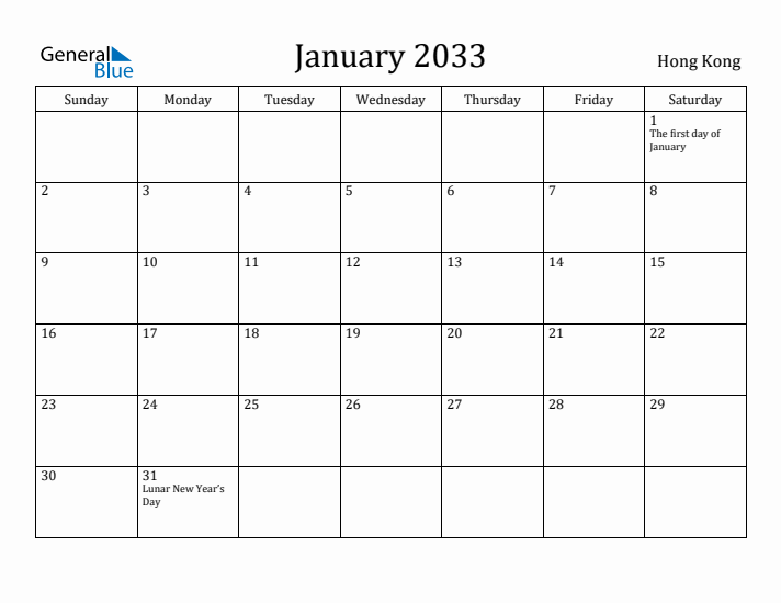 January 2033 Calendar Hong Kong