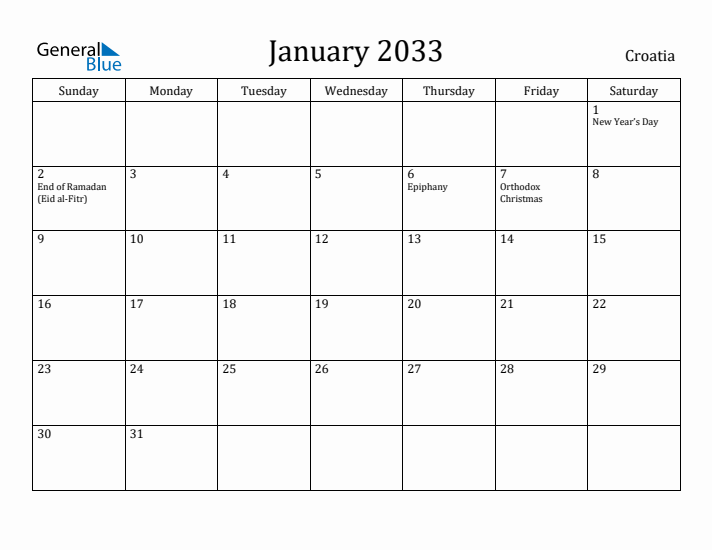 January 2033 Calendar Croatia