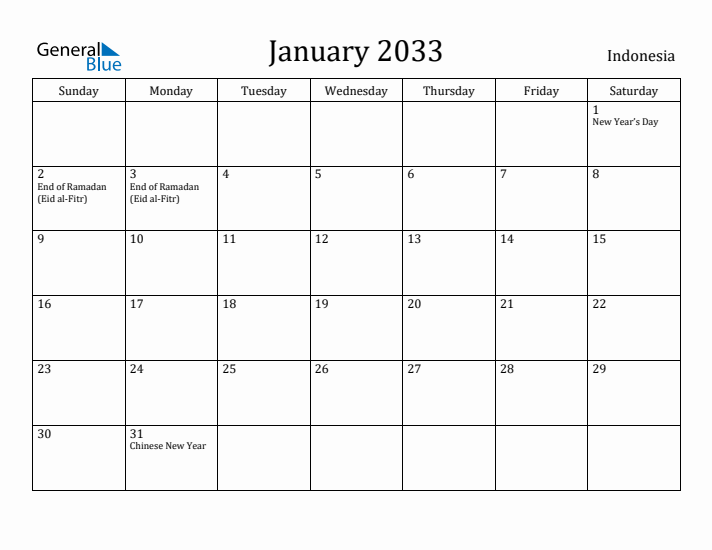 January 2033 Calendar Indonesia