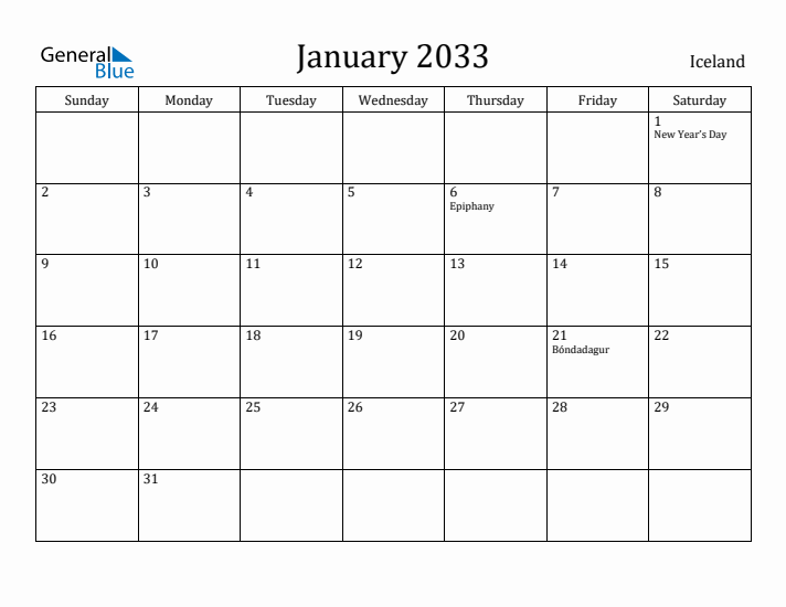 January 2033 Calendar Iceland
