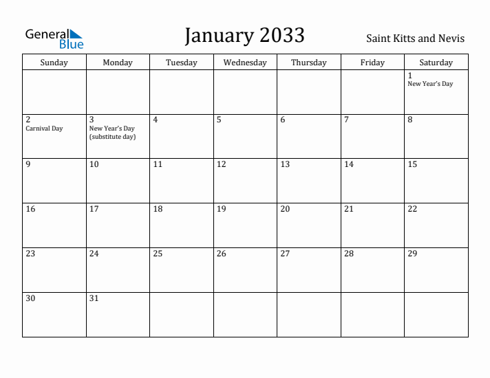 January 2033 Calendar Saint Kitts and Nevis