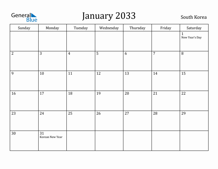January 2033 Calendar South Korea