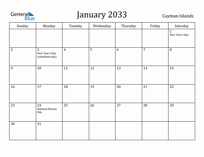 January 2033 Calendar Cayman Islands