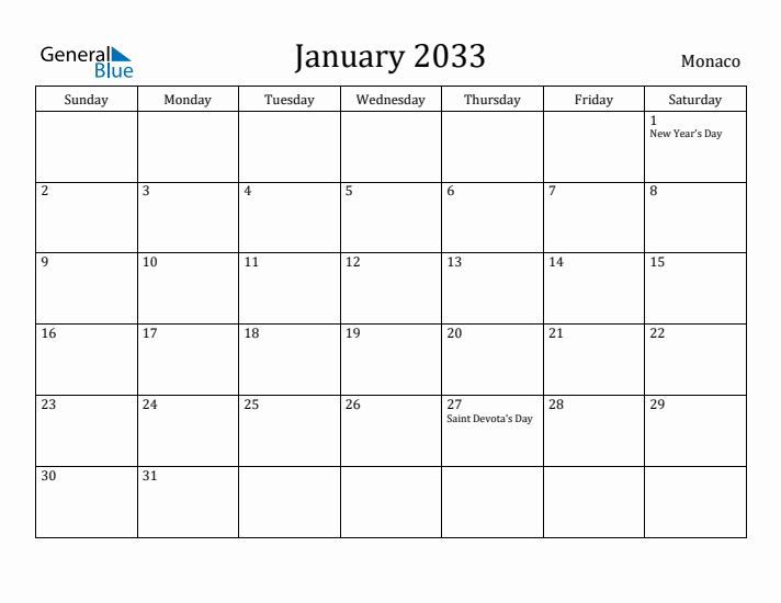 January 2033 Calendar Monaco