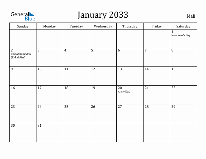 January 2033 Calendar Mali