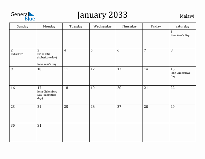 January 2033 Calendar Malawi
