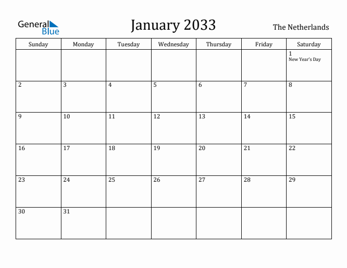 January 2033 Calendar The Netherlands