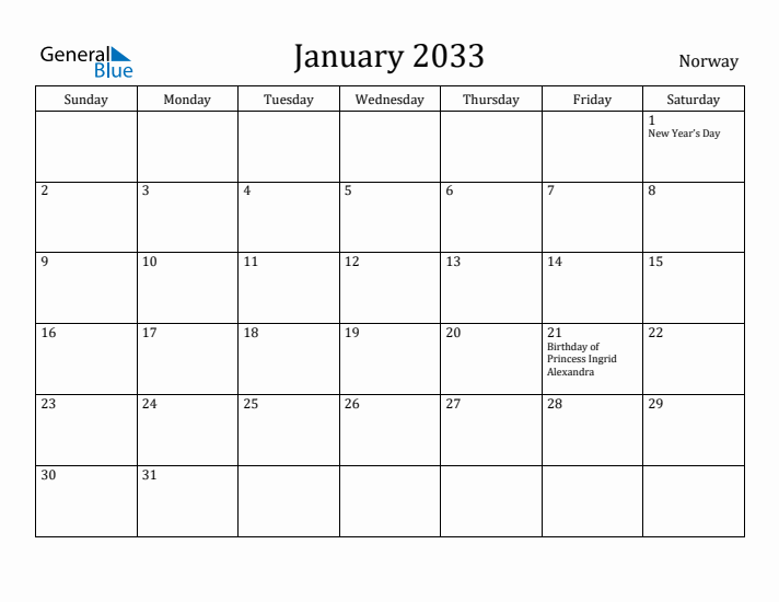 January 2033 Calendar Norway