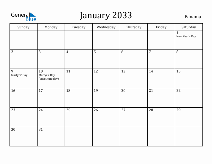 January 2033 Calendar Panama