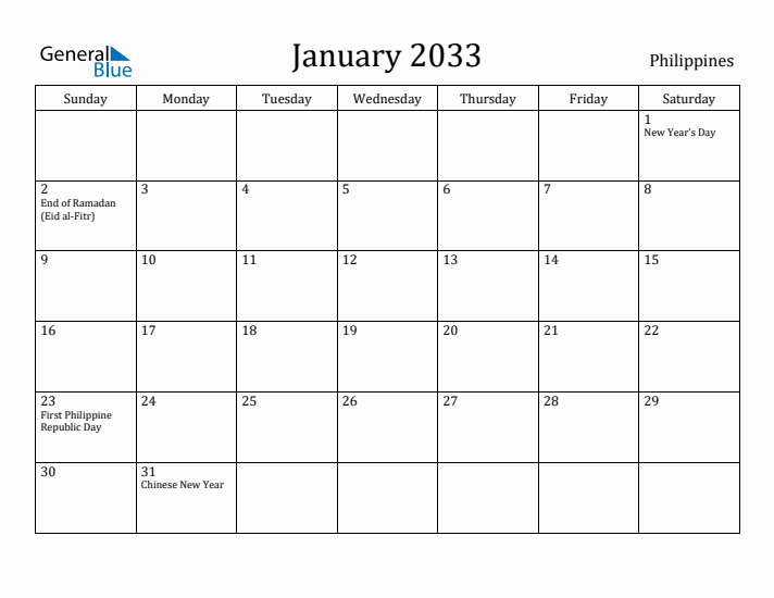 January 2033 Calendar Philippines