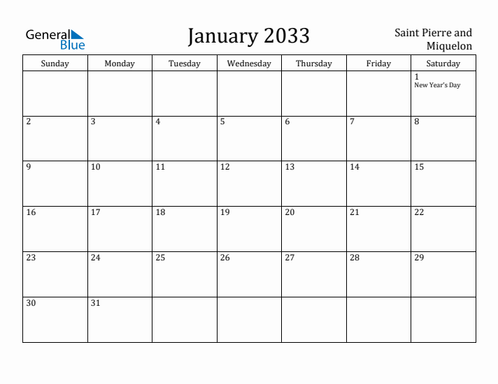 January 2033 Calendar Saint Pierre and Miquelon
