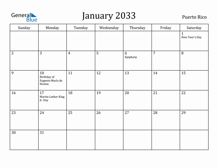 January 2033 Calendar Puerto Rico