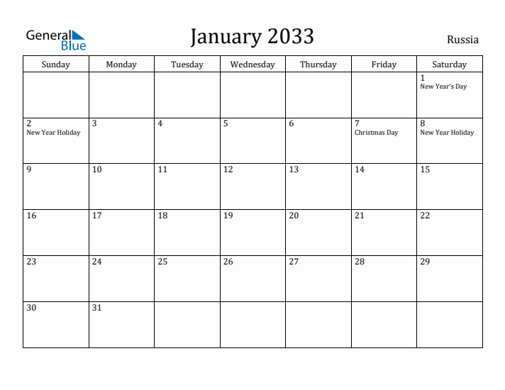 January 2033 Calendar Russia