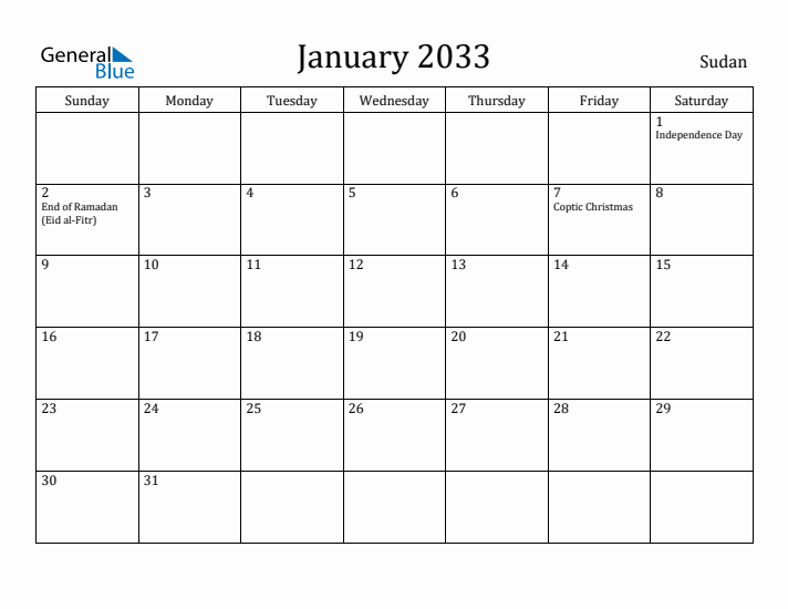 January 2033 Calendar Sudan