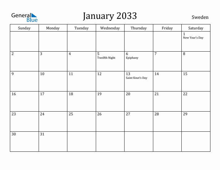 January 2033 Calendar Sweden