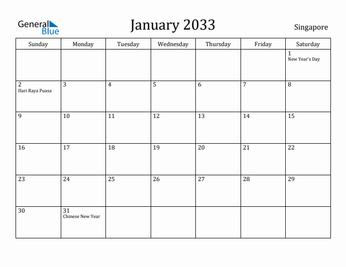 January 2033 Calendar Singapore