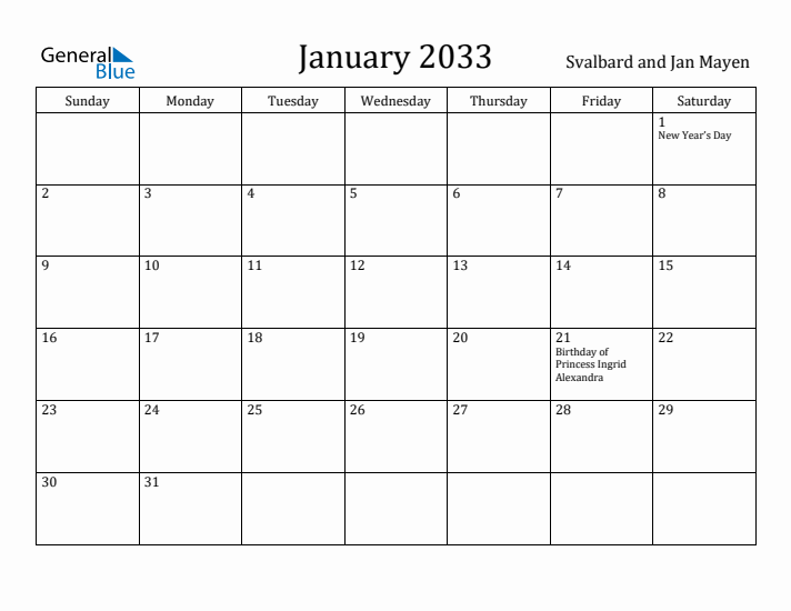 January 2033 Calendar Svalbard and Jan Mayen
