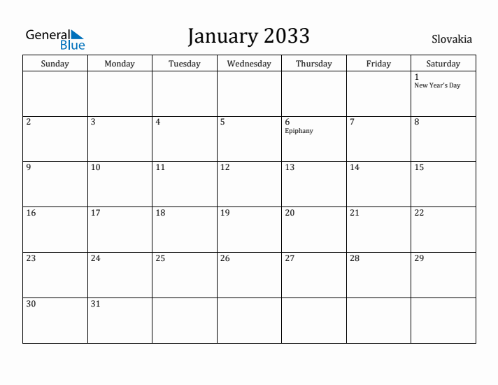 January 2033 Calendar Slovakia
