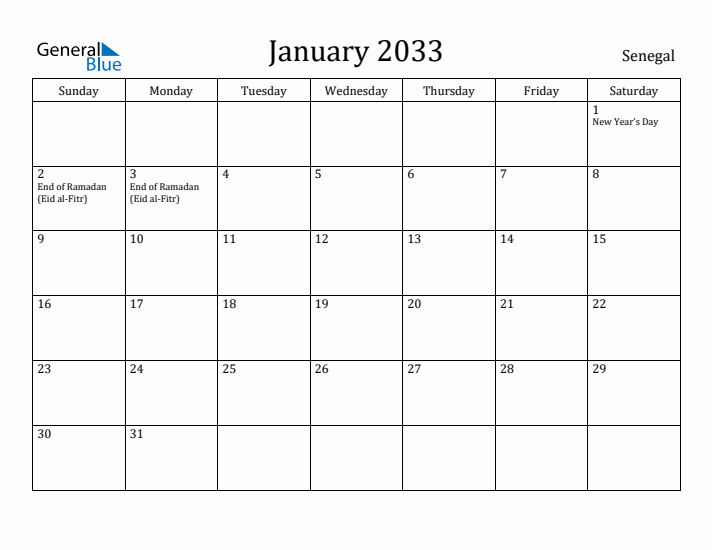 January 2033 Calendar Senegal