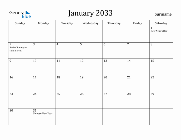 January 2033 Calendar Suriname