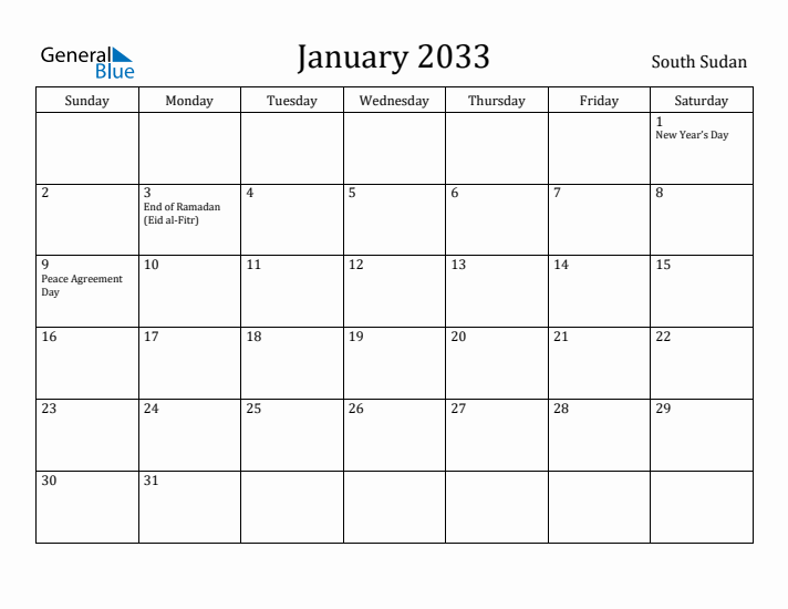 January 2033 Calendar South Sudan