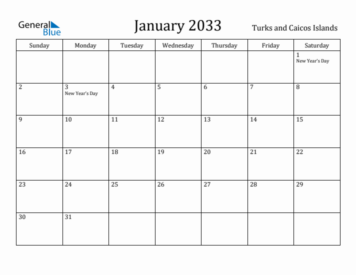 January 2033 Calendar Turks and Caicos Islands