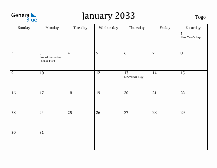 January 2033 Calendar Togo