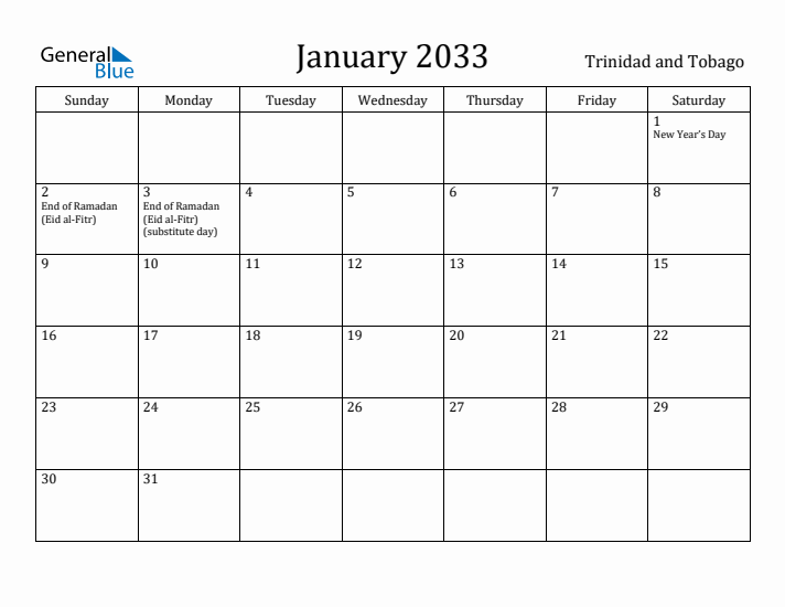 January 2033 Calendar Trinidad and Tobago