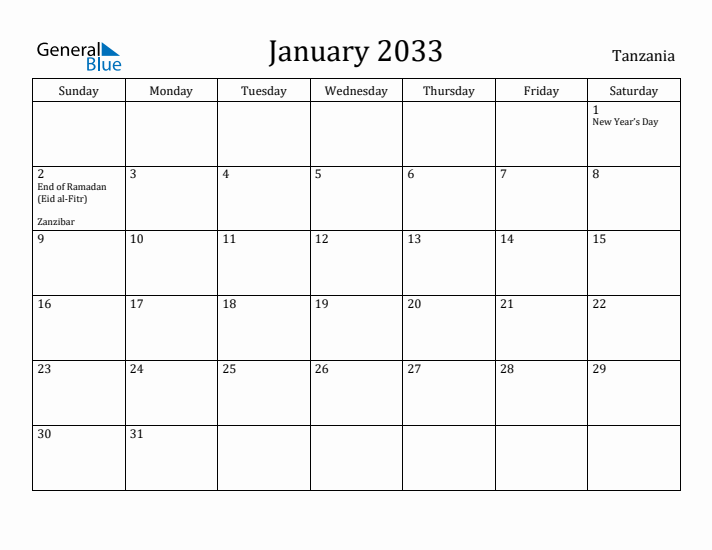 January 2033 Calendar Tanzania