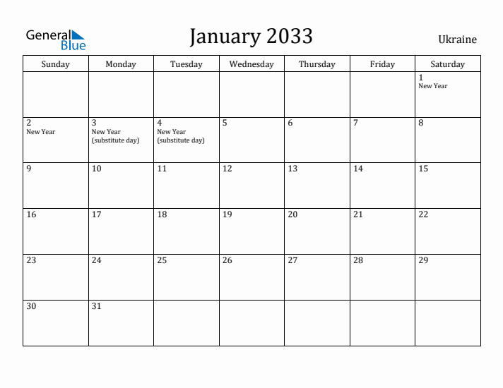 January 2033 Calendar Ukraine