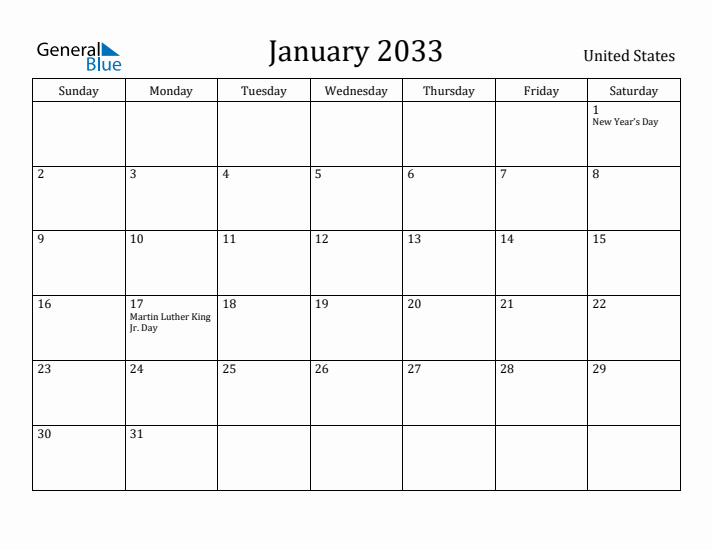 January 2033 Calendar United States