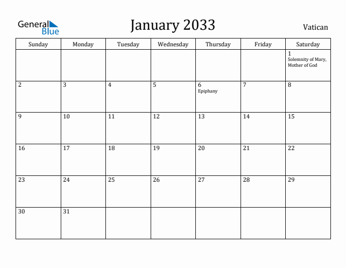 January 2033 Calendar Vatican