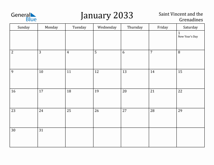 January 2033 Calendar Saint Vincent and the Grenadines
