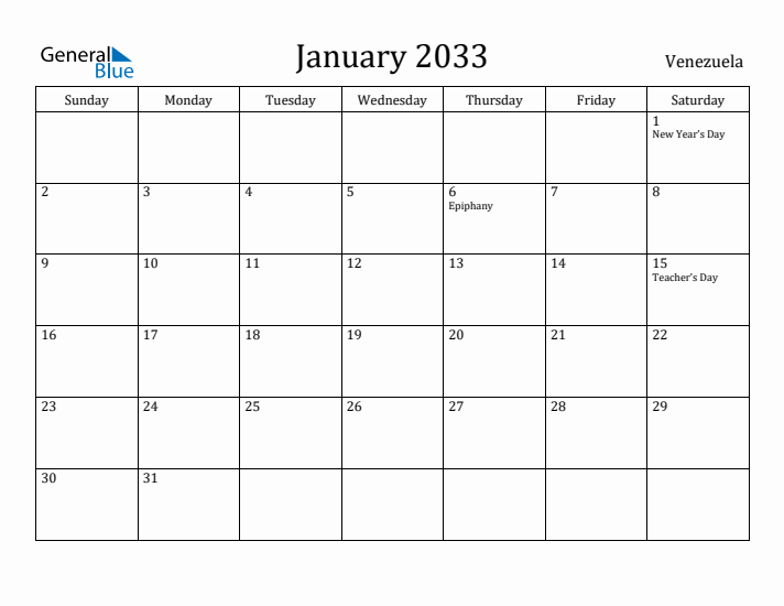 January 2033 Calendar Venezuela