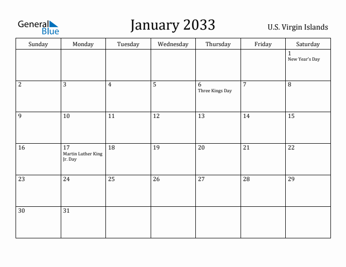 January 2033 Calendar U.S. Virgin Islands