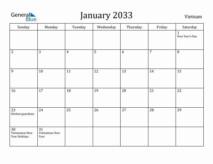 January 2033 Calendar Vietnam