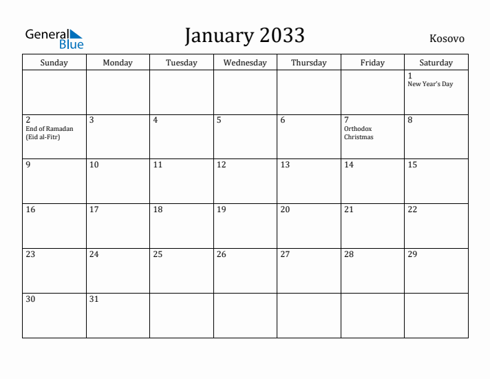January 2033 Calendar Kosovo