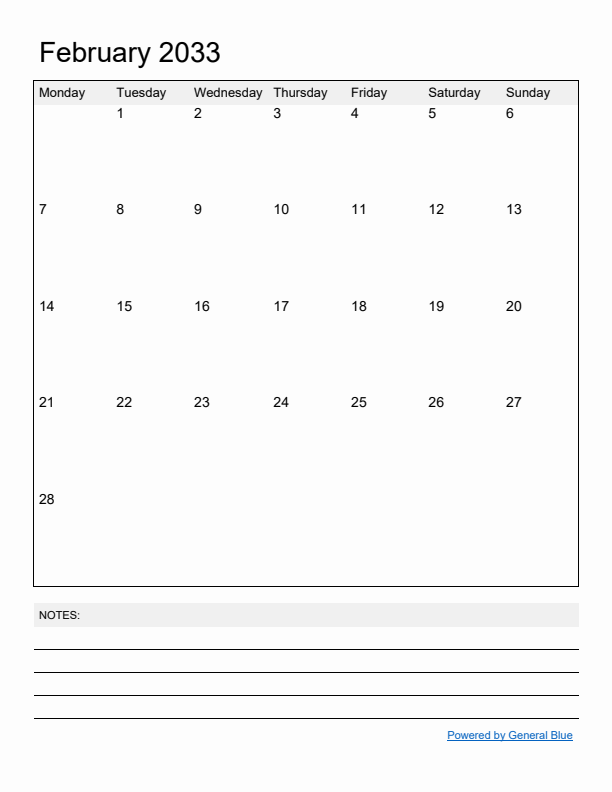 Basic Monthly Calendar Template for February 2033
