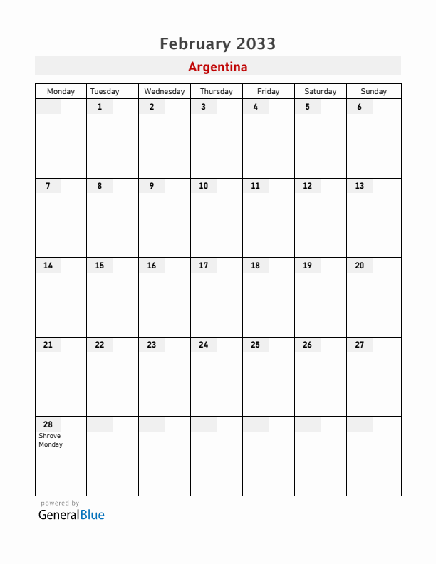 Argentina February 2033 Calendar with Holidays
