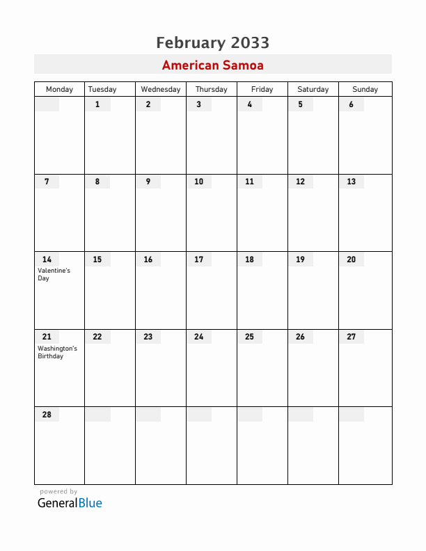 American Samoa February 2033 Calendar with Holidays