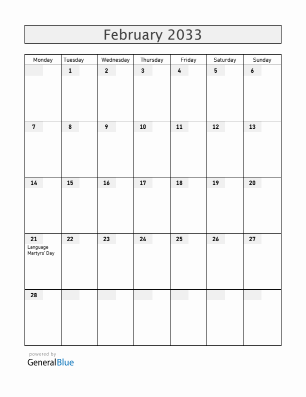 Bangladesh February 2033 Calendar with Holidays