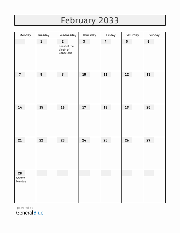 Bolivia February 2033 Calendar with Holidays