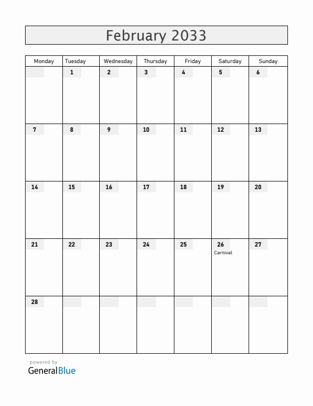 Brazil February 2033 Calendar with Holidays