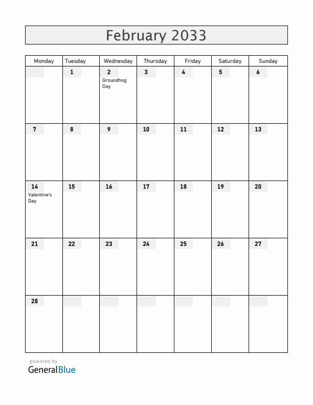 Canada February 2033 Calendar with Holidays