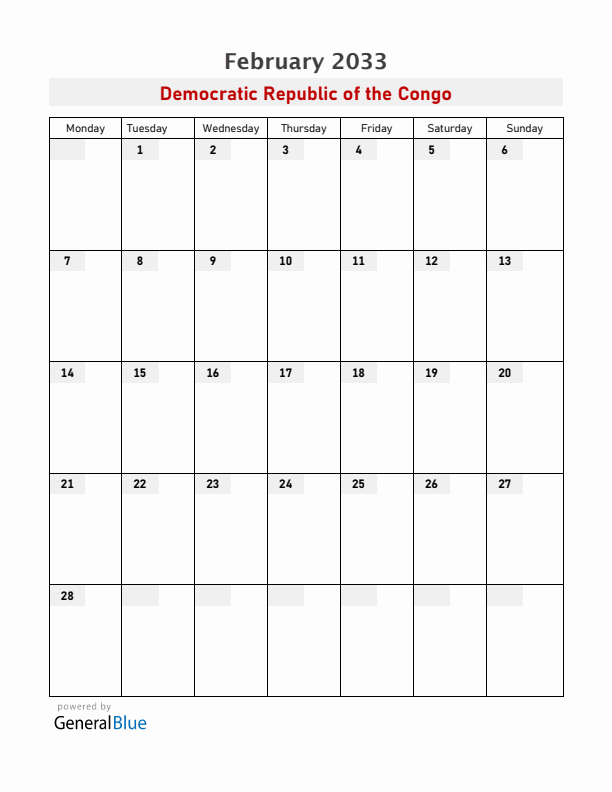 Democratic Republic of the Congo February 2033 Calendar with Holidays