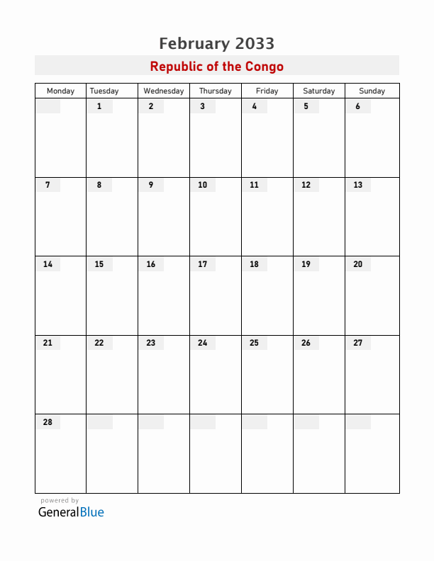 Republic of the Congo February 2033 Calendar with Holidays