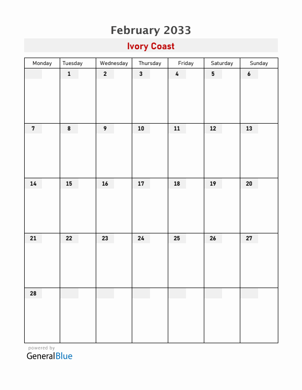 Ivory Coast February 2033 Calendar with Holidays