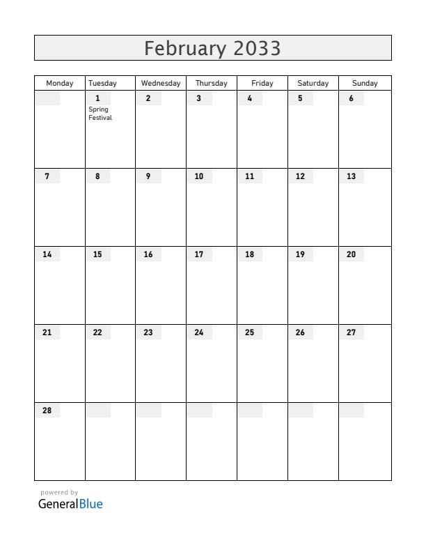 China February 2033 Calendar with Holidays