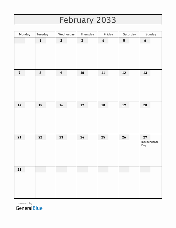 Dominican Republic February 2033 Calendar with Holidays